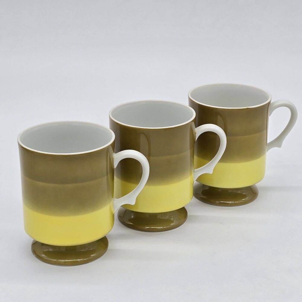 3 Vintage Holt Howard 1966 Green Striped Footed Coffee Mugs Cups Japan 7931